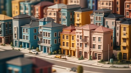 A birds eye view of a bustling residential neighbourhood, Miniature city layout. AI generated illustration