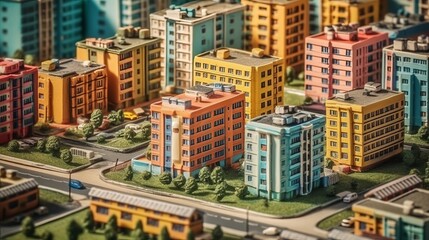 Obraz premium A birds eye view of a bustling residential neighbourhood, Miniature city layout. AI generated illustration