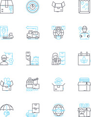 Fototapeta premium Shipping solutions linear icons set. Logistics, Carrier, Freight, Transport, Warehouse, Delivery, Customs line vector and concept signs. Cargo,Package,Fleet outline illustrations