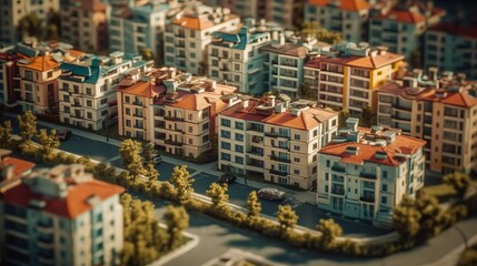 Fototapeta na wymiar A birds eye view of a bustling residential neighbourhood, Miniature city layout. AI generated illustration