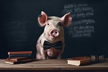 Pig In Class With Chalkboard Background Generative AI