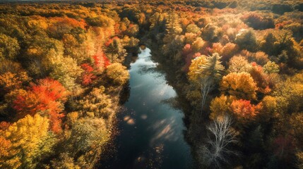 Fototapeta na wymiar A top-down aerial photo of a forest landscape during the autumn season, colorful trees and a river running in the middle, created using Generative AI technology