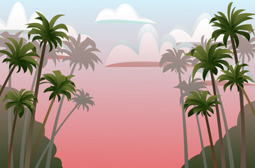 Fototapeta na wymiar Beautiful palm trees. Tropical rainforest landscape. Red evening sunset. Overgrown jungle. Southern nature. Cartoon fun style. Flat design. Vector