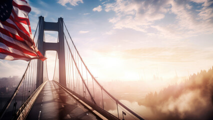 Fototapeta premium American flag waving proudly atop a soaring suspension bridge, independence day concept, generative ai