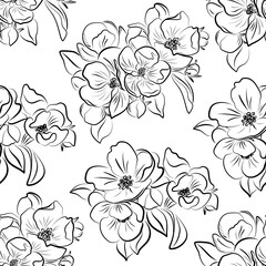 Seamless pattern with a contour of flowers on a white isolated background.