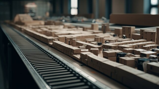 High Tech Factory conveyor belts with cardboard box. AI generated