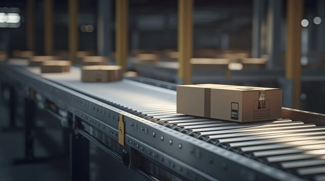 High Tech Factory conveyor belts with cardboard box. AI generated