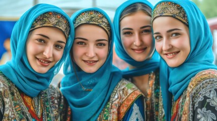 Smiling central asian young women looking at the camera. Generative AI
