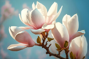 Beautiful delicate white magnolia on light blue background. Spring and summer, love and romance. Generative AI, illustration