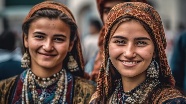 Smiling central asian young women looking at the camera. Generative AI