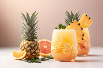 Cool refreshing cocktail or mocktail with grapefruit and pineapple on light background. Summer coolness. Generative AI