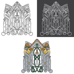 Illustration depicting a viking head, a sword and a Celtic pattern.