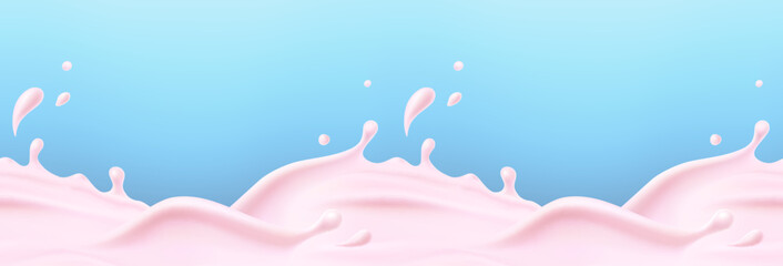 Strawberry milk beverage splash seamless pattern. 3d realistic pink yogurt wave border. Liquid rose body lotion. Vector milky cherry or raspberry yoghurt product package mockup