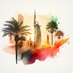 Keuken foto achterwand Aquarelschilderij wolkenkrabber  Dubai in watercolor style by Generative AI
