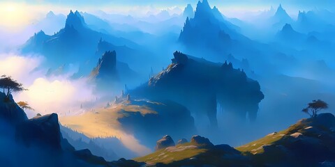 View of a beautiful valley at sunrise over mountains