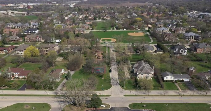 Aerial view of a neighborhood with baseball fields