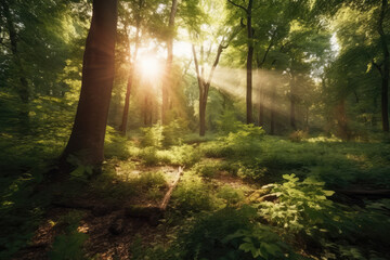 Fototapeta na wymiar sun rays in the forest- made with generative ai
