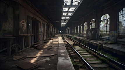 Naklejka na ściany i meble Fascinating image of an abandoned train station, with the weathered and rusting railway tracks and platform, showcasing the beauty of decay and the passage of time
