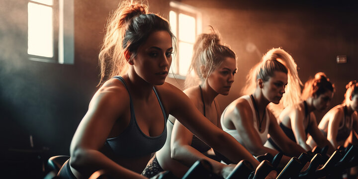 Happy Women in their spinning class - Generative AI