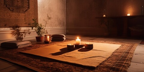 A tranquil meditation room with a comfortable mat and incense burning, concept of Mindfulness space, created with Generative AI technology