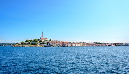 Rovinj. Istra, Croatia. Church of Saint Euphemia. View on peninsula from sea