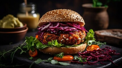 The concept of healthy food is exemplified by a vegan falafel burger served with vegetables and sauce, against a dark background. Generative AI