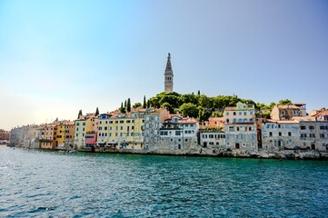 Fototapeta premium Rovinj. Istra, Croatia. Church of Saint Euphemia. View on peninsula from sea