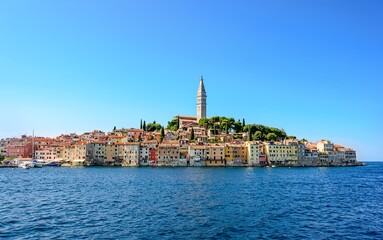 Rovinj. Istra, Croatia. Church of Saint Euphemia. View on peninsula from sea