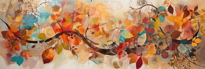 Obraz na płótnie Canvas A vibrant, abstract collage depicting the changing seasons, with swirling leaves, blooming flowers, and snowflakes all intermingling, concept of Nature's cycle, created with Generative AI technology