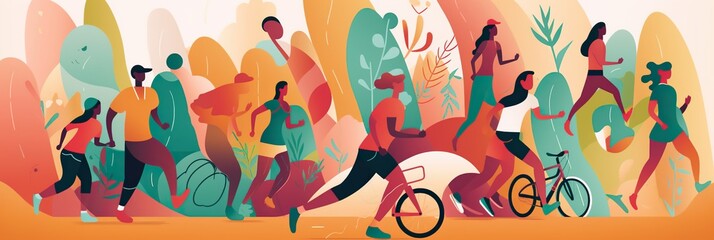 Colorful image of diverse people engaging in physical activity, highlighting the importance of exercise for overall health, concept of Physical fitness benefits, created with Generative AI technology
