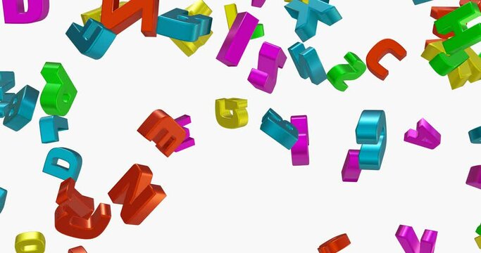 The multicolored letters in motion. A lot of alphabet letters in motion on a white background. 4K seamless looping videos