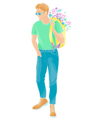 man with sunglasses and backpack with flowers

