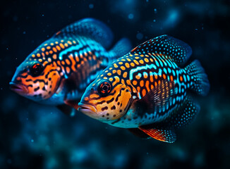 Fototapeta premium A pair of fish with yellow spots and blue spots. Generative AI