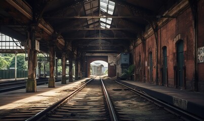 Obraz premium a train station with a train on the tracks and a skylight. generative ai