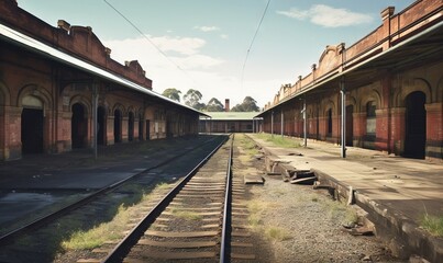 Fototapeta na wymiar a train track in a train station with a sky background. generative ai