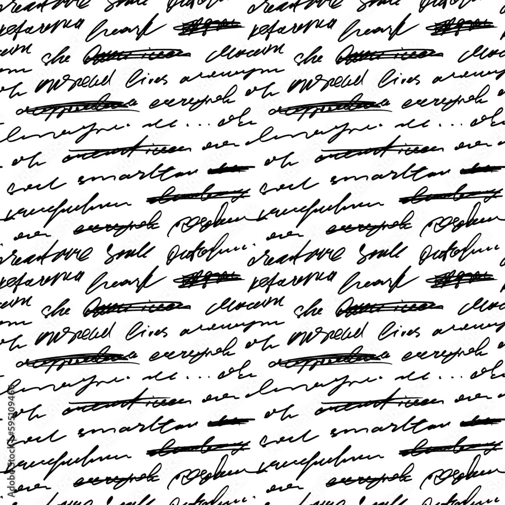 Poster seamless pattern with abstract writing and strikethroughs. handwritten vector unreadable words. mono