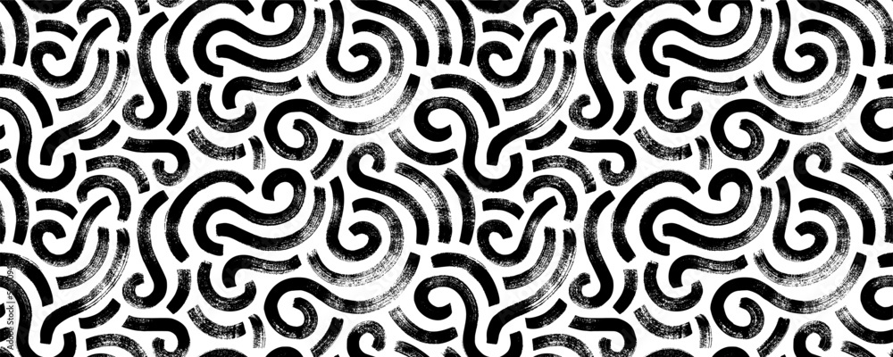 Poster Wavy and swirled brush strokes seamless pattern. Thick and bold texture curved lines. Abstract art background in Memphis style. Geometric grunge pattern with swashes. Brush drawn swirled lines.