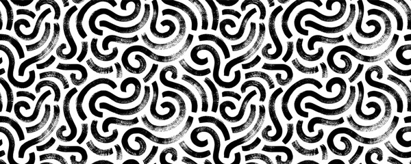 Wavy and swirled brush strokes seamless pattern. Thick and bold texture curved lines. Abstract art background in Memphis style. Geometric grunge pattern with swashes. Brush drawn swirled lines. - obrazy, fototapety, plakaty