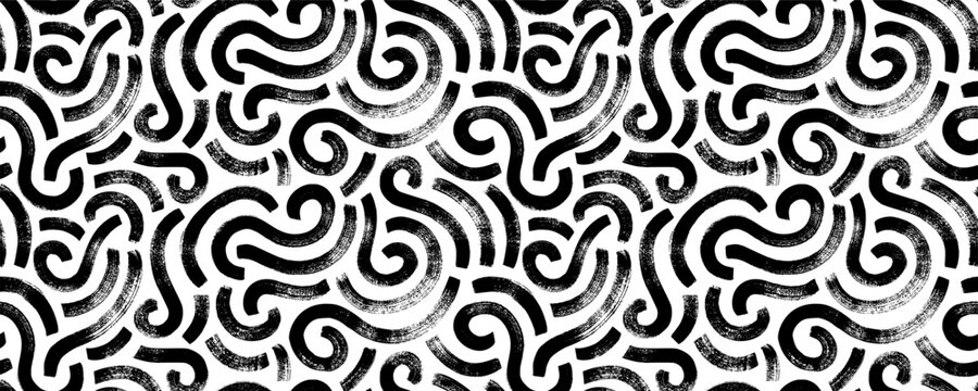 Wavy and swirled brush strokes seamless pattern. Thick and bold texture curved lines. Abstract art background in Memphis style. Geometric grunge pattern with swashes. Brush drawn swirled lines.
