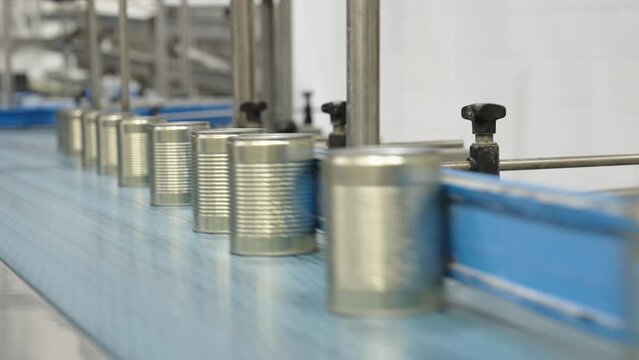 Green peas in cans on a conveyor belt in a canned food production facility