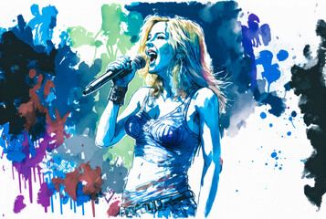 A blonde woman in a bikini gives a speech to a large crowd. The illustration reflects the power and feeling of self-expression and empowerment. Generative AI