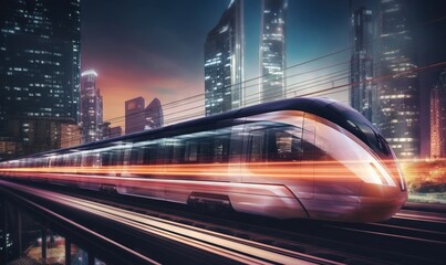 Fototapeta na wymiar a high speed train traveling through a city at night time. generative ai
