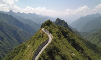  a road going up a hill with mountains in the background.  generative ai