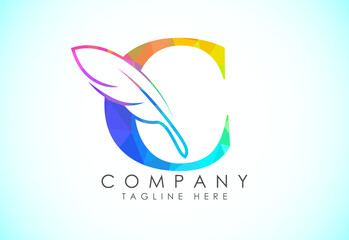Polygonal initial C alphabet with a feather. Law firm icon sign symbol. Logo for a writer or publishers