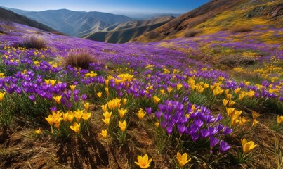 Obraz premium a field of purple and yellow flowers with mountains in the background. generative ai