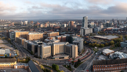 Fototapeta na wymiar Aerial panorama of Holbeck in a Leeds cityscape skyline with an early morning sunrise