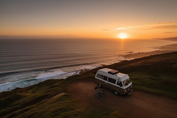 Fototapeta na wymiar Photograph of a camper van on a cliff overlooking the ocean. Generative ai