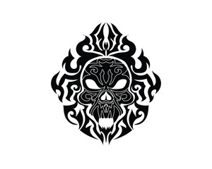 vector design of a symbol or tattoo in black and white in an abstract shape with various kinds of carvings on the edges and there is a symbol of a kind of skull head in the middle of it