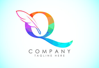 Polygonal initial Q alphabet with a feather. Law firm icon sign symbol. Logo for a writer or publishers