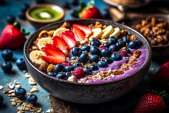 A bowl of cereal with berries and granola on top. Generative AI